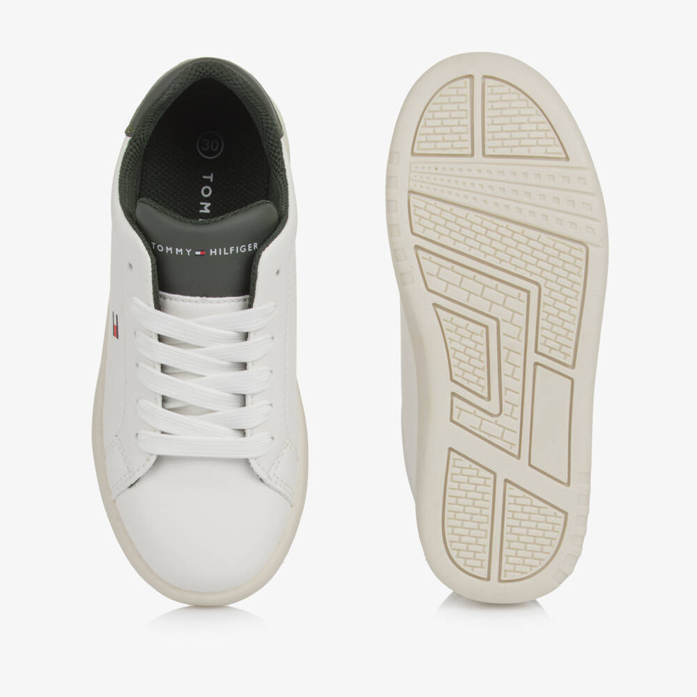 Tommy Hilfiger-White & Khaki Green Faux Leather Lace-Up Trainers | Childrensalon Outlet