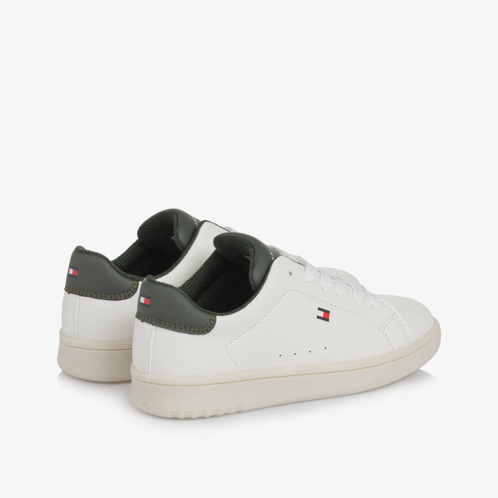 Tommy Hilfiger-White & Khaki Green Faux Leather Lace-Up Trainers | Childrensalon Outlet