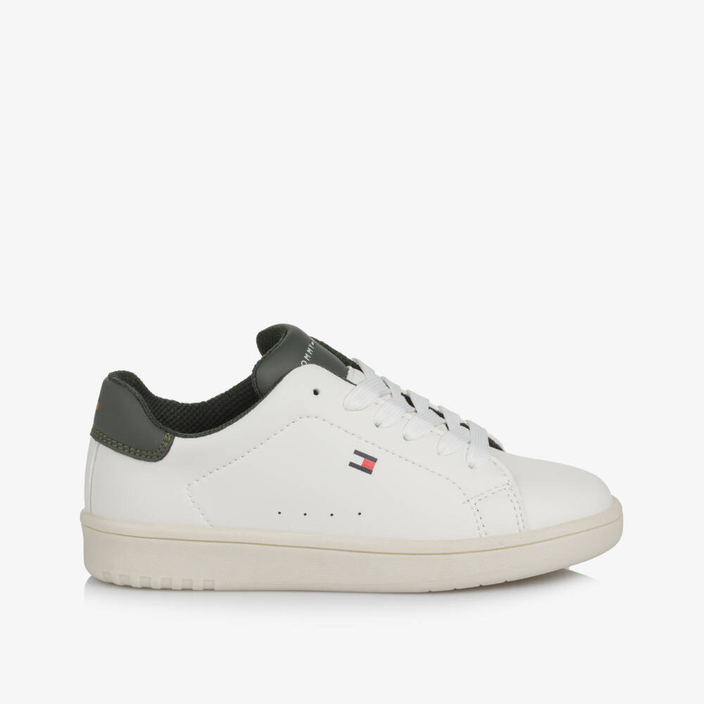 Tommy Hilfiger-White & Khaki Green Faux Leather Lace-Up Trainers | Childrensalon Outlet