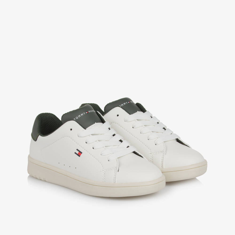 Tommy Hilfiger-White & Khaki Green Faux Leather Lace-Up Trainers | Childrensalon Outlet
