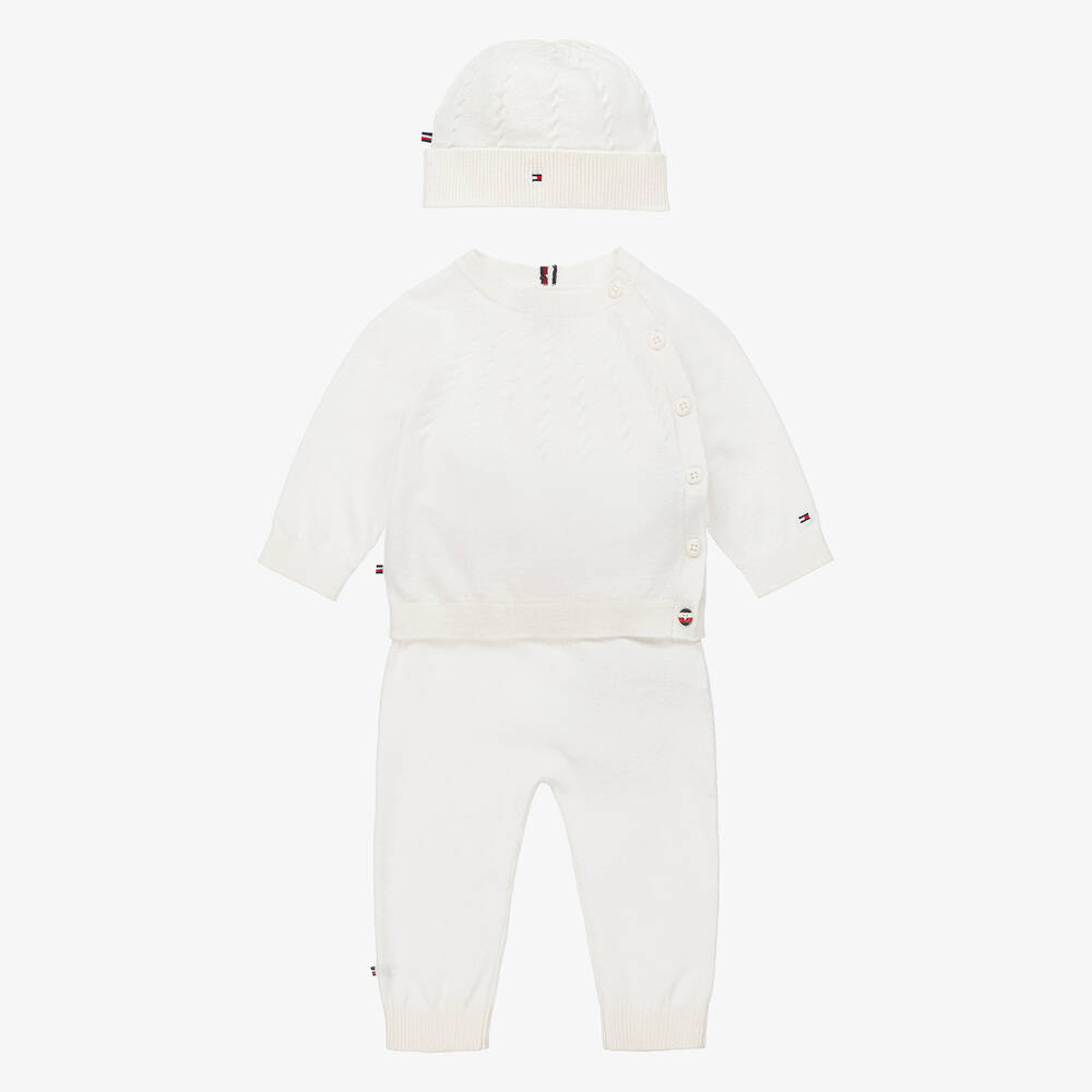 Tommy Hilfiger - White Knitted Baby Trouser Set | Childrensalon