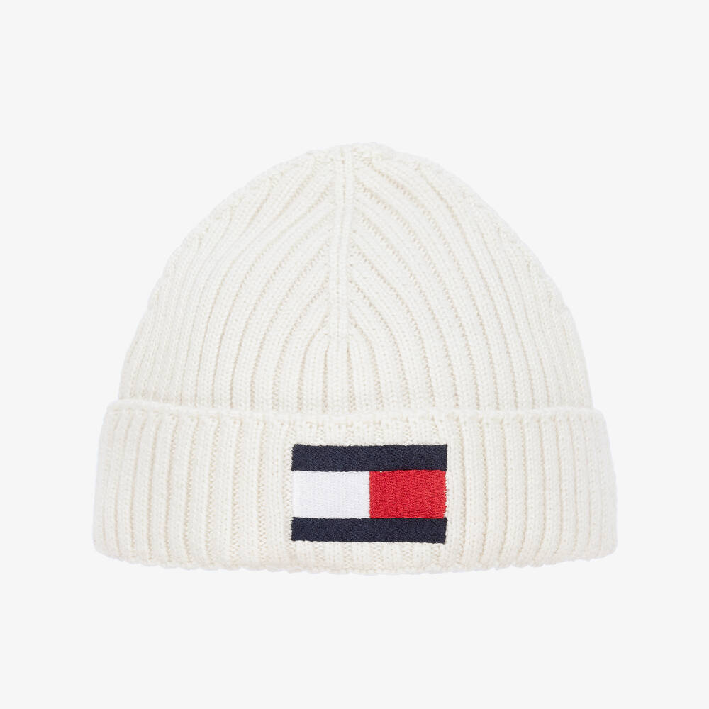 Tommy Hilfiger - Weiße Strick-Beanie mit Flagge | Childrensalon