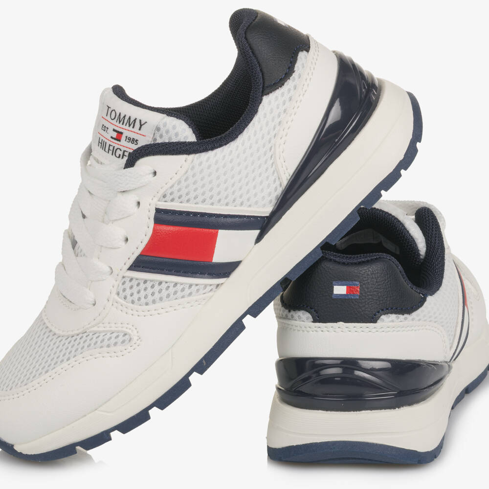 Tommy Hilfiger-White Mesh Trainers with Navy Blue Trims | Childrensalon Outlet