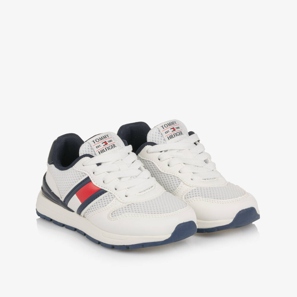 Tommy Hilfiger-White Mesh Trainers with Navy Blue Trims | Childrensalon Outlet