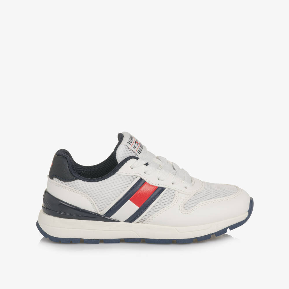 Tommy Hilfiger-White Mesh Trainers with Navy Blue Trims | Childrensalon Outlet