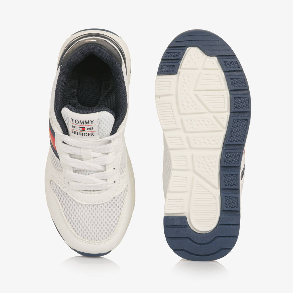 Tommy Hilfiger-White Mesh Trainers with Navy Blue Trims | Childrensalon Outlet