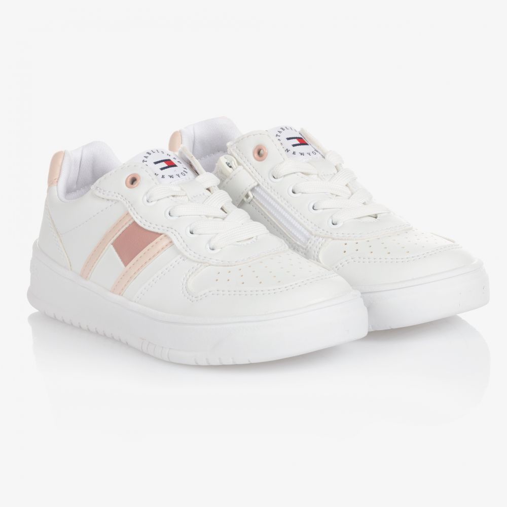 Tommy Hilfiger - White & Pink Lace-Up Trainers | Childrensalon