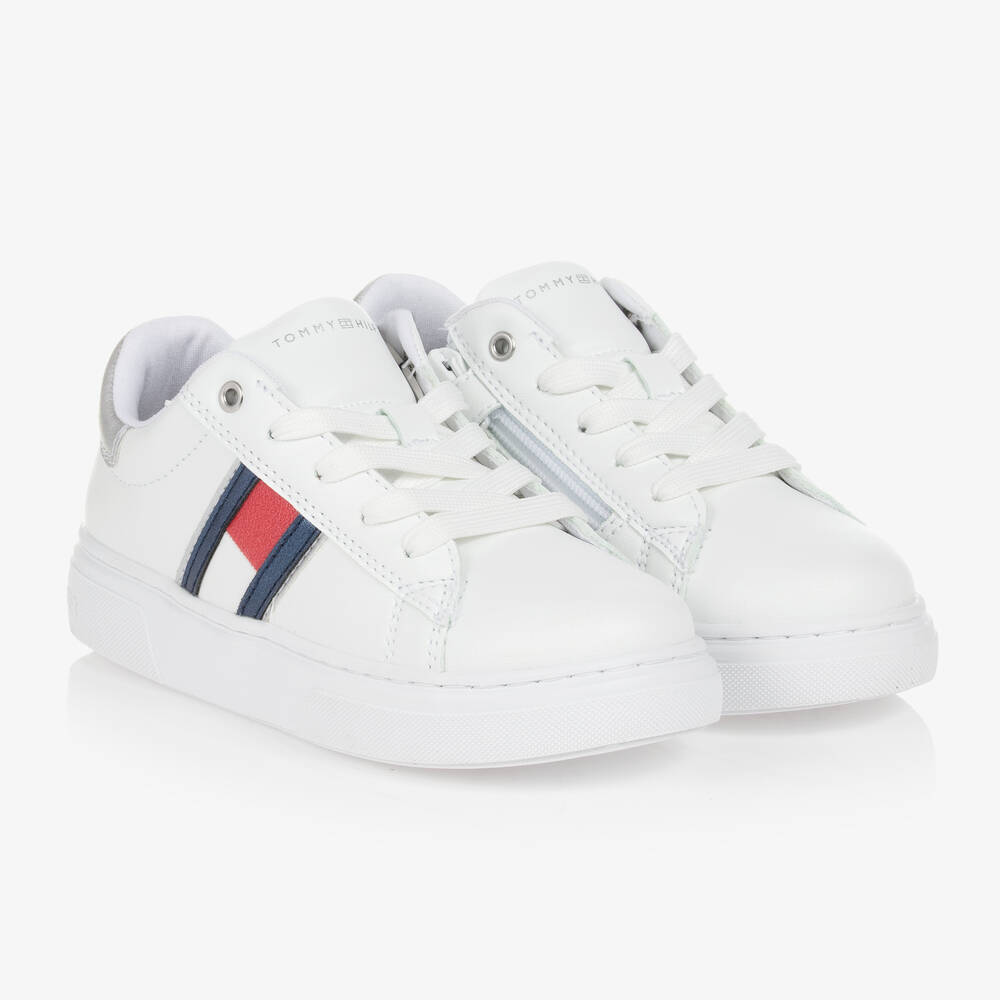 Tommy Hilfiger - White & Silver Faux Leather Trainers | Childrensalon