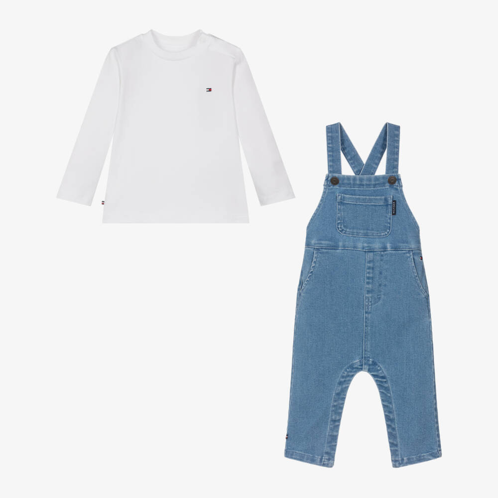 Tommy Hilfiger-White Top & Blue Denim Dungaree Set | Childrensalon Outlet
