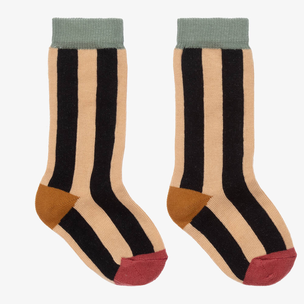 Turtledove London - Beige & Black Striped Cotton Socks | Childrensalon