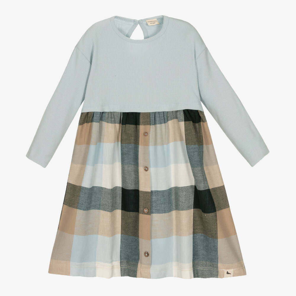 Turtledove London - Girls Blue Organic Cotton Checked Dress | Childrensalon