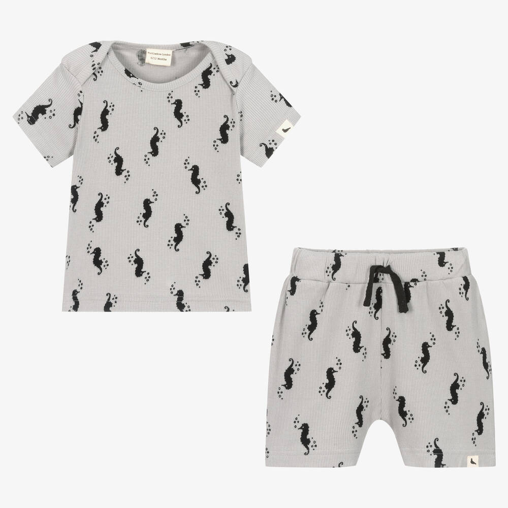 Turtledove London-Grey Cotton Seahorse Shorts Set | Childrensalon Outlet