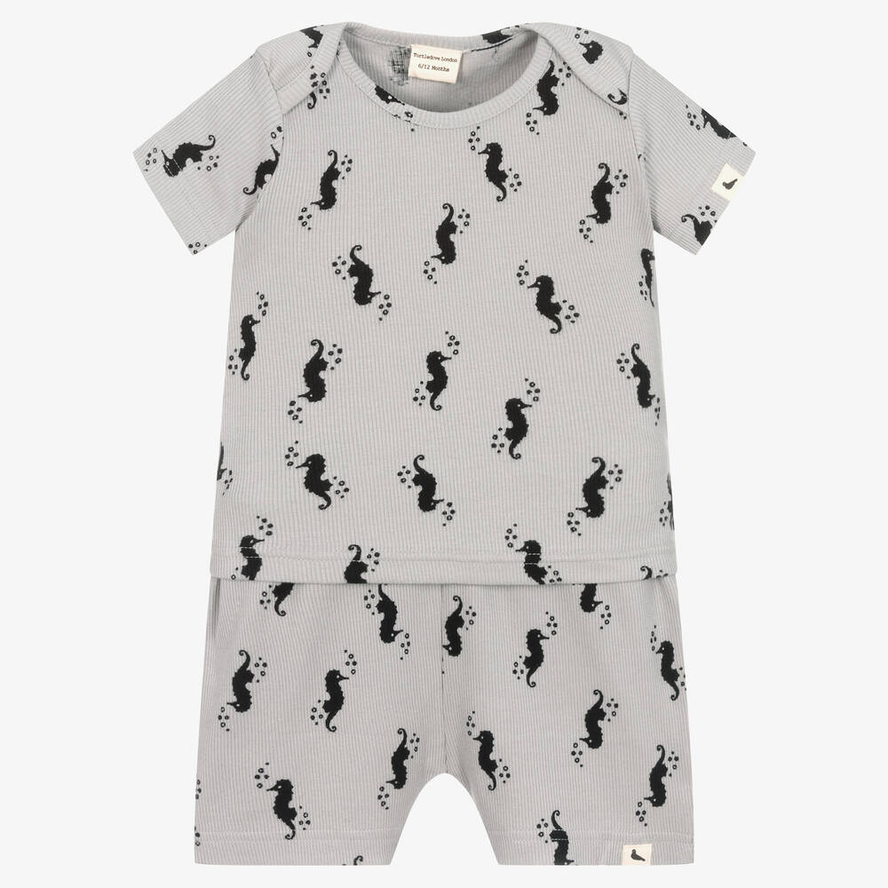 Turtledove London - Grey Cotton Seahorse Shorts Set | Childrensalon