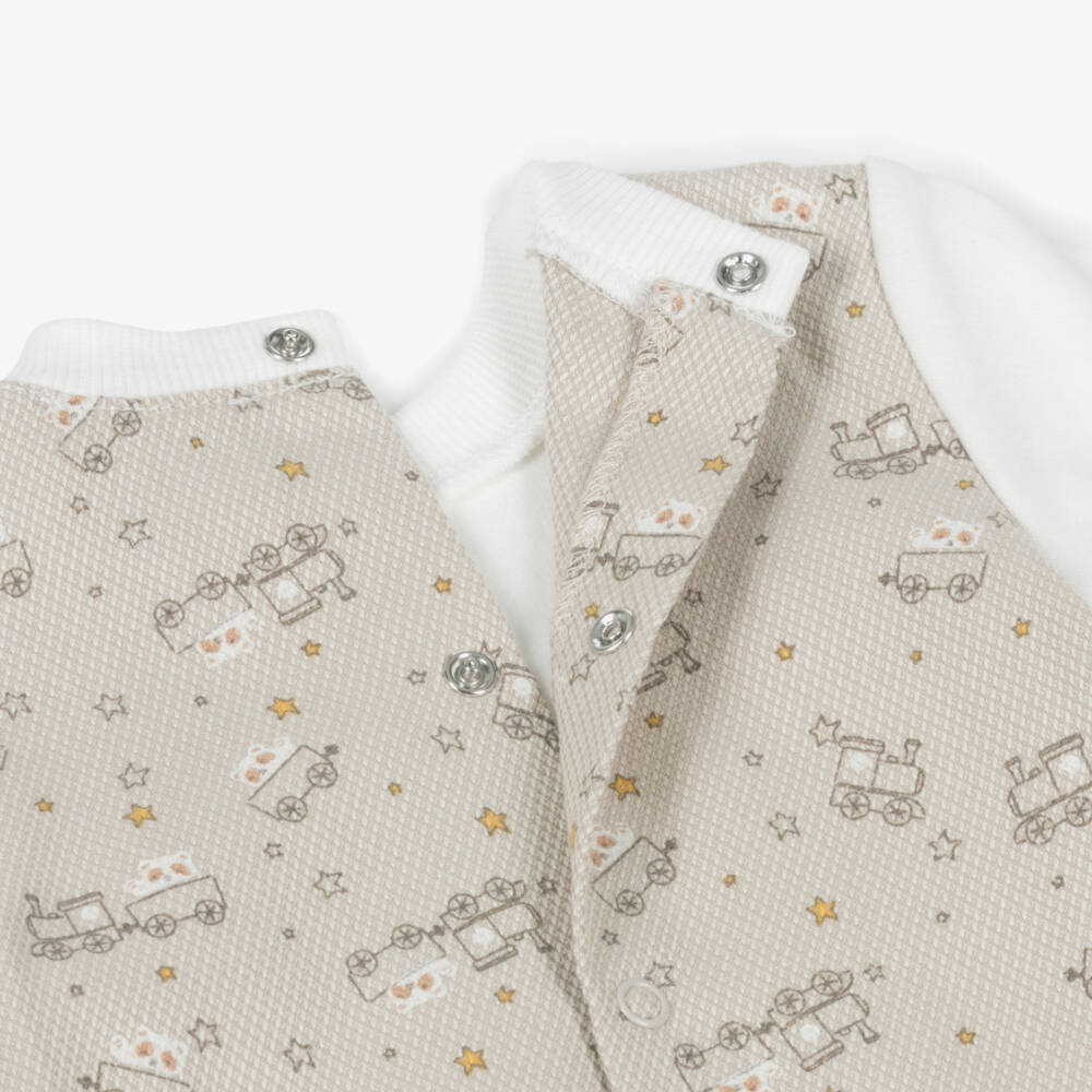 Tutto Piccolo-Baby Boys Beige Cotton Train Print Romper | Childrensalon Outlet