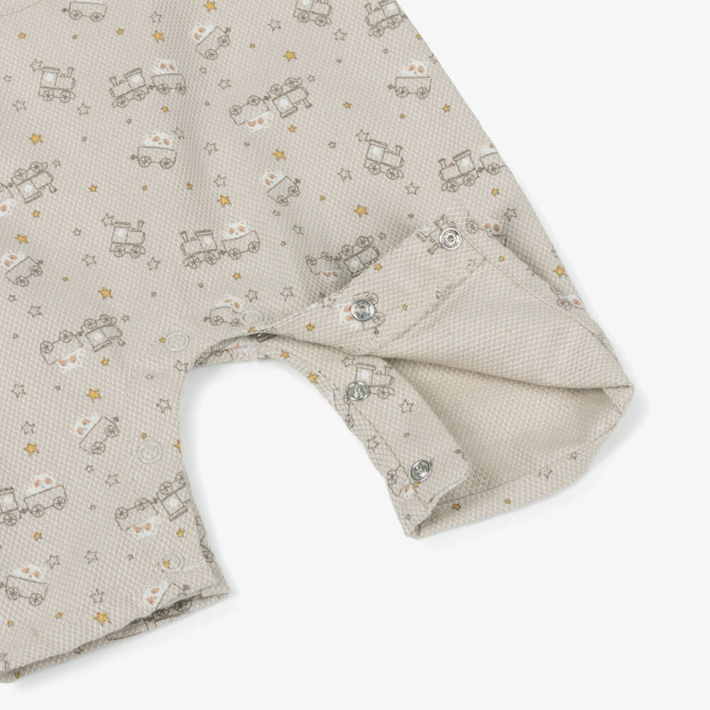 Tutto Piccolo-Baby Boys Beige Cotton Train Print Romper | Childrensalon Outlet