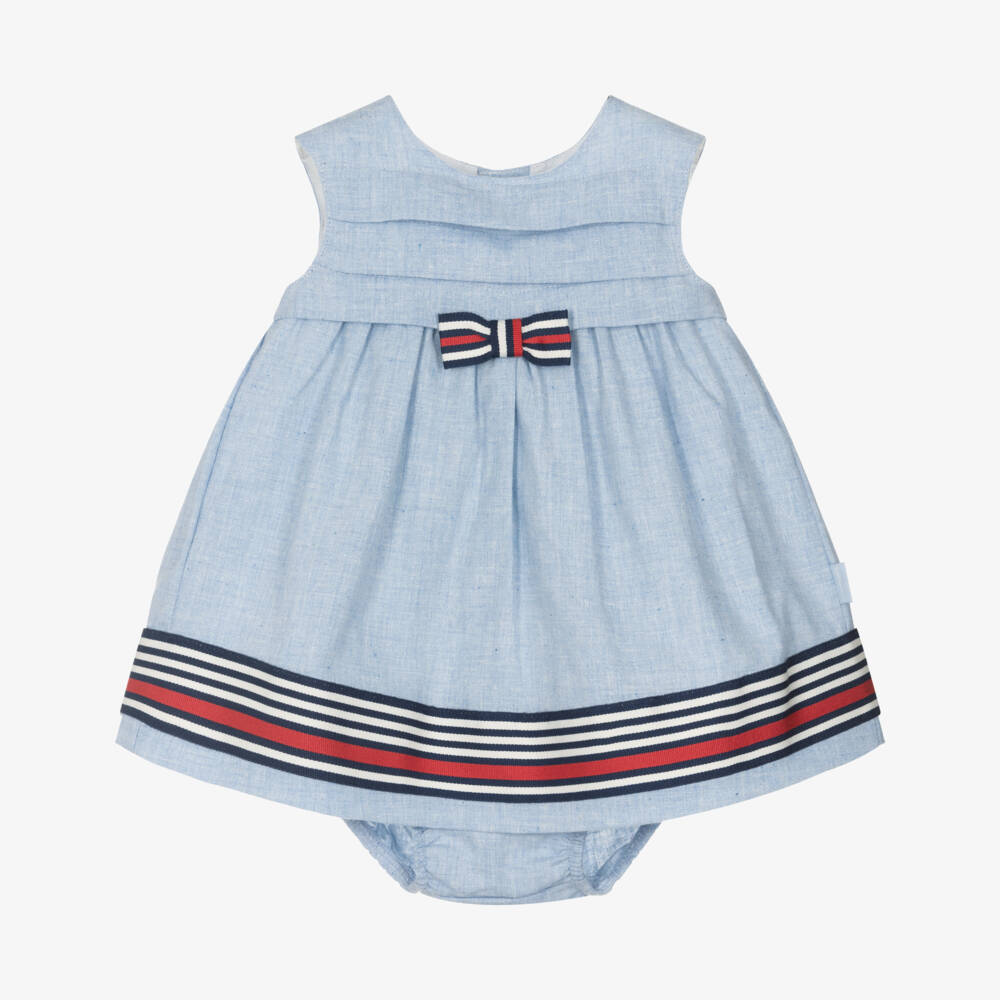 Tutto Piccolo-Baby Girls Blue Linen & Cotton Dress | Childrensalon Outlet