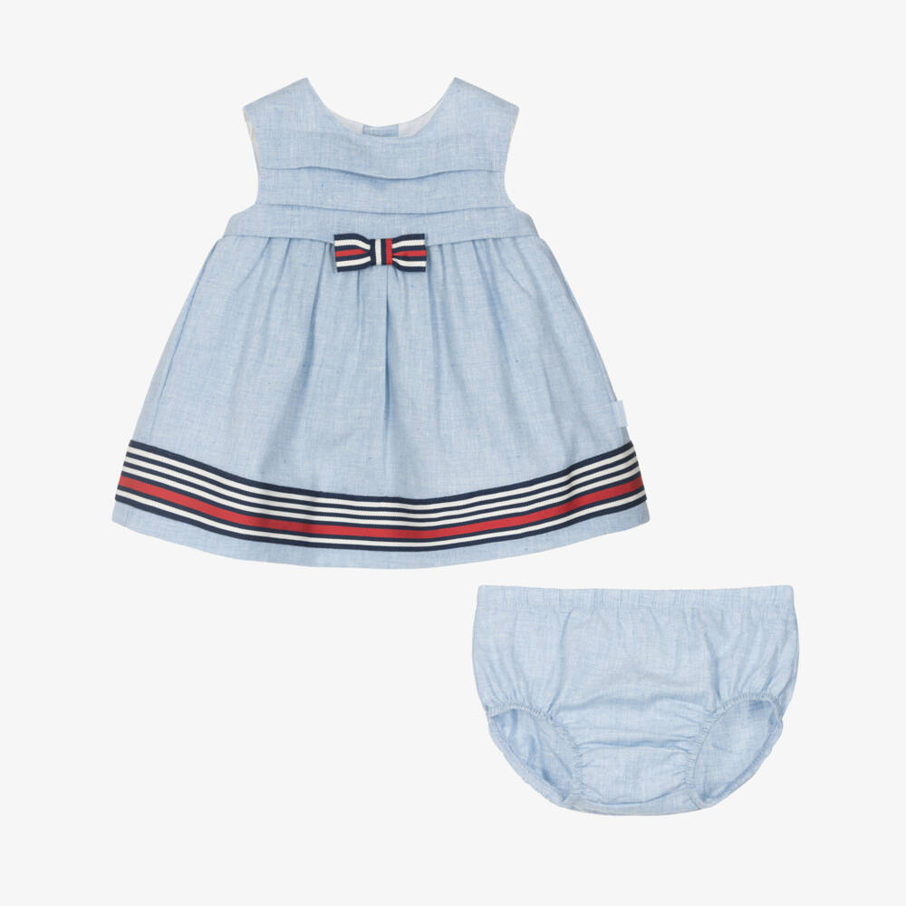 Tutto Piccolo-Baby Girls Blue Linen & Cotton Dress | Childrensalon Outlet