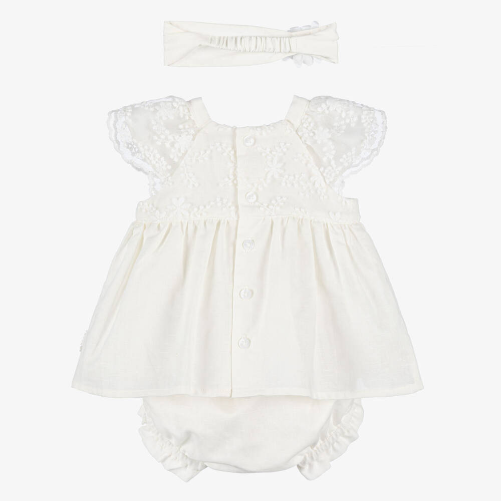 Tutto Piccolo-Baby Girls White Cotton & Linen Dress Set | Childrensalon Outlet