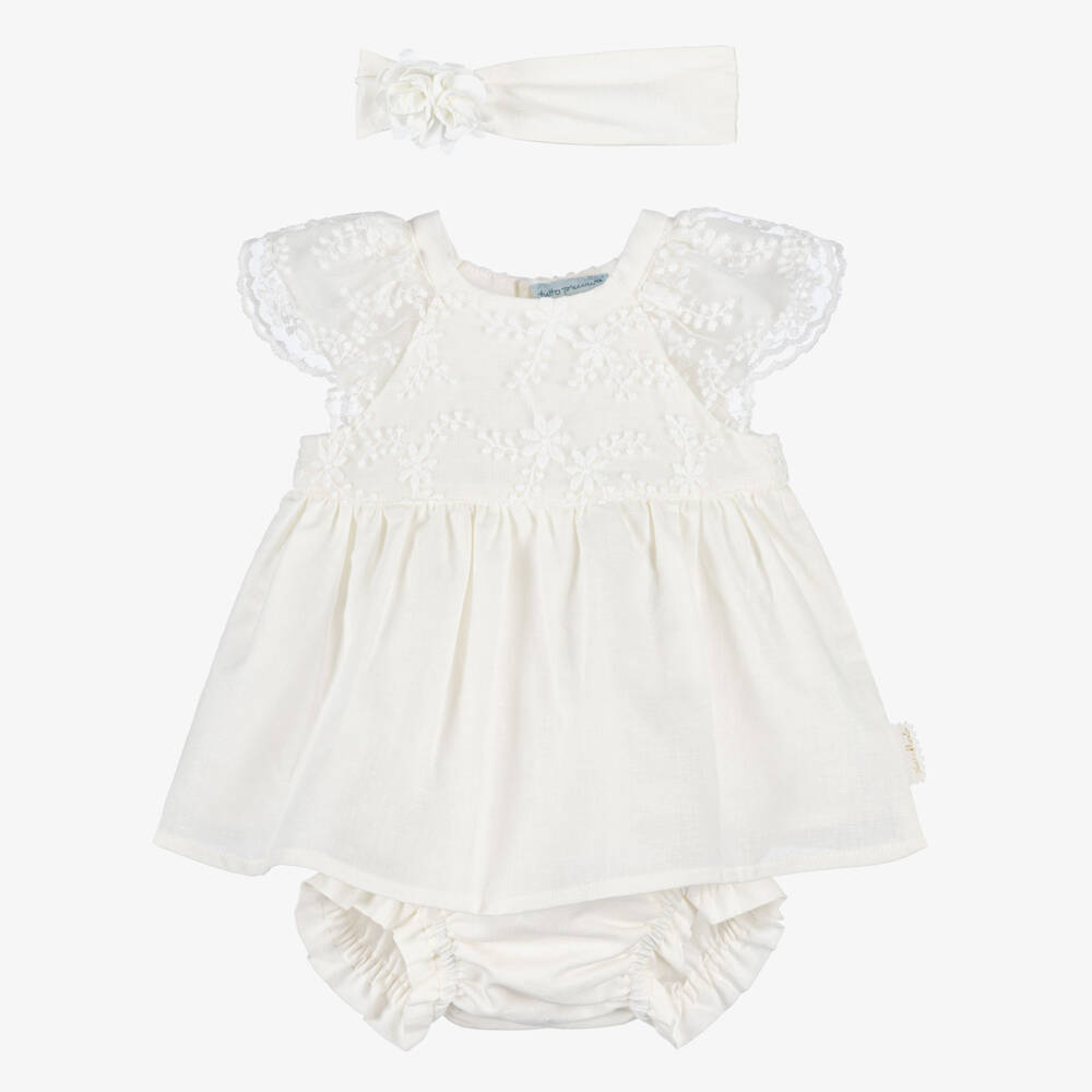 Tutto Piccolo-Baby Girls White Cotton & Linen Dress Set | Childrensalon Outlet