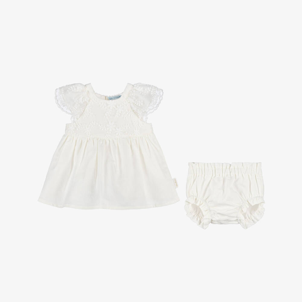 Tutto Piccolo-Baby Girls White Cotton & Linen Dress Set | Childrensalon Outlet