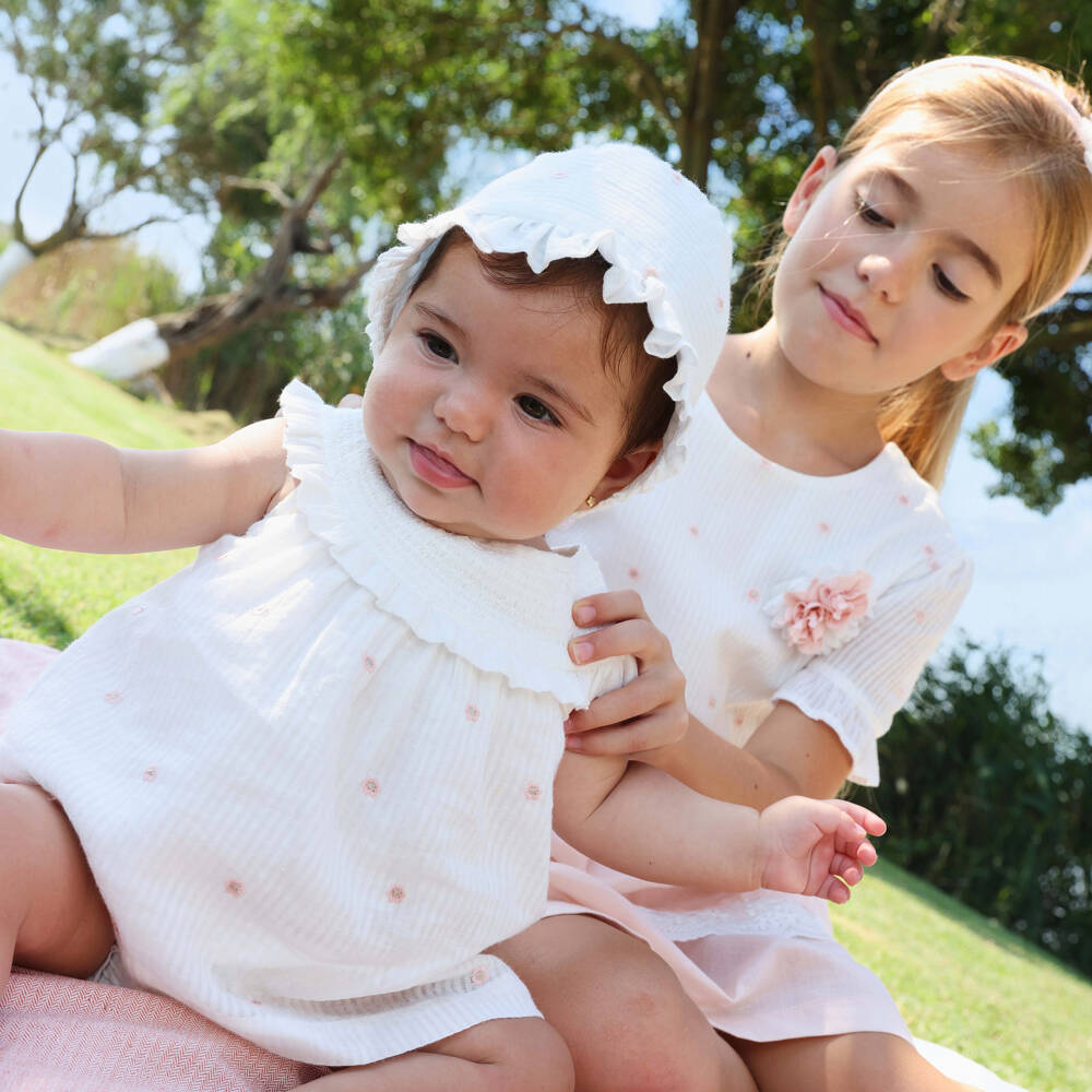 Tutto Piccolo-Baby Girls White Cotton Striped Floral Dress Set | Childrensalon Outlet