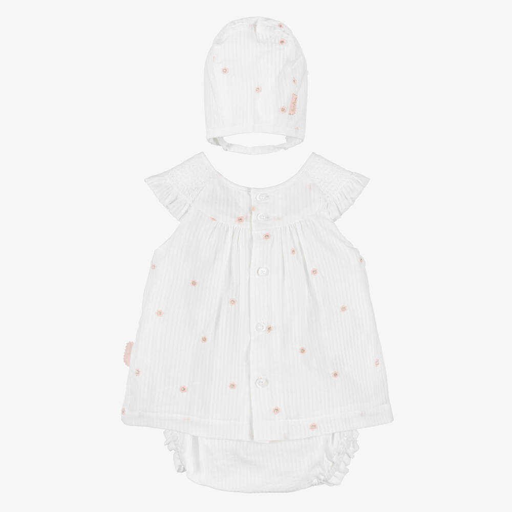 Tutto Piccolo-Baby Girls White Cotton Striped Floral Dress Set | Childrensalon Outlet