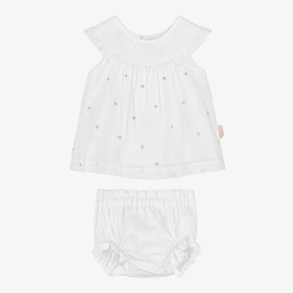 Tutto Piccolo-Baby Girls White Cotton Striped Floral Dress Set | Childrensalon Outlet
