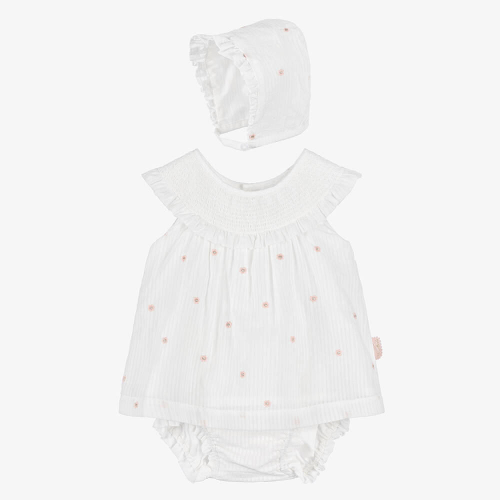 Tutto Piccolo-Baby Girls White Cotton Striped Floral Dress Set | Childrensalon Outlet