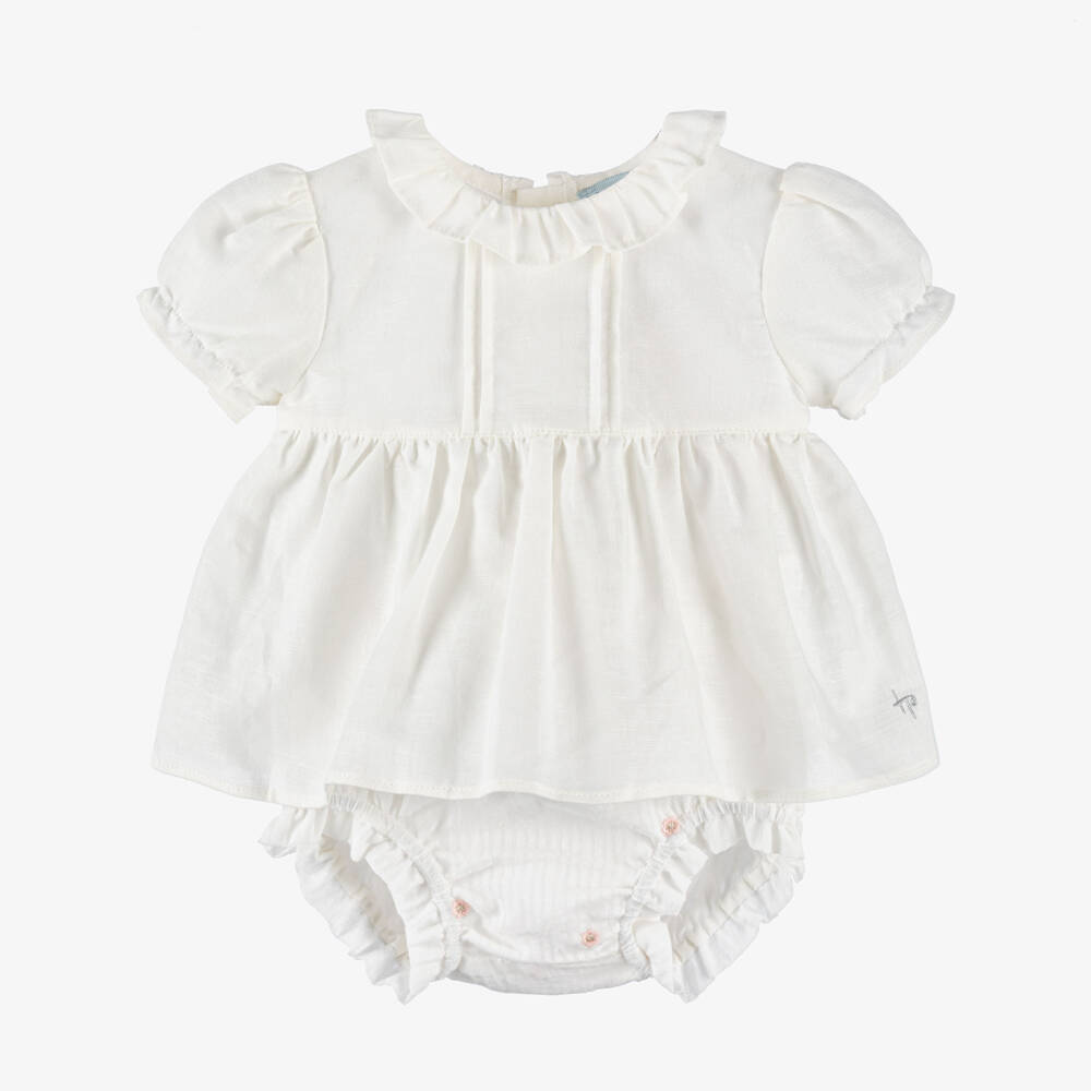 Tutto Piccolo-Baby Girls White Cotton Striped Floral Shorts Set | Childrensalon Outlet