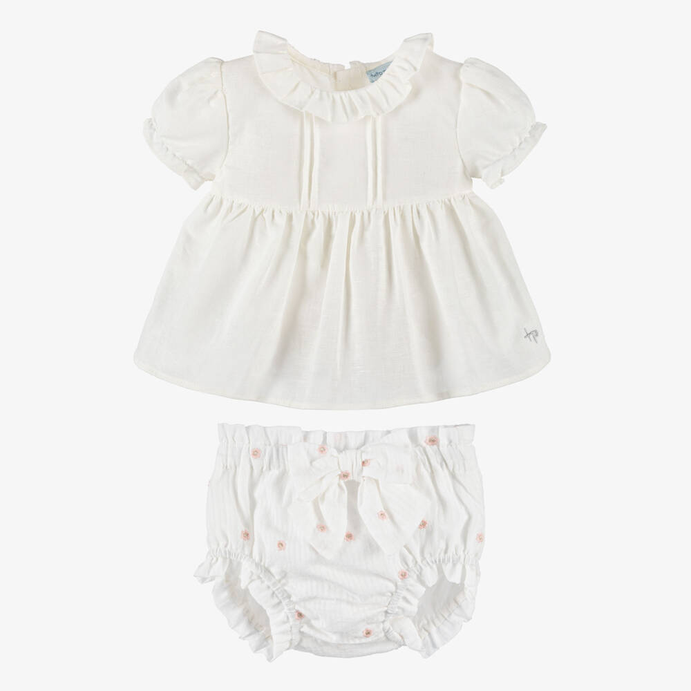 Tutto Piccolo-Baby Girls White Cotton Striped Floral Shorts Set | Childrensalon Outlet