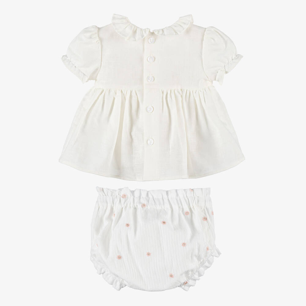 Tutto Piccolo-Baby Girls White Cotton Striped Floral Shorts Set | Childrensalon Outlet