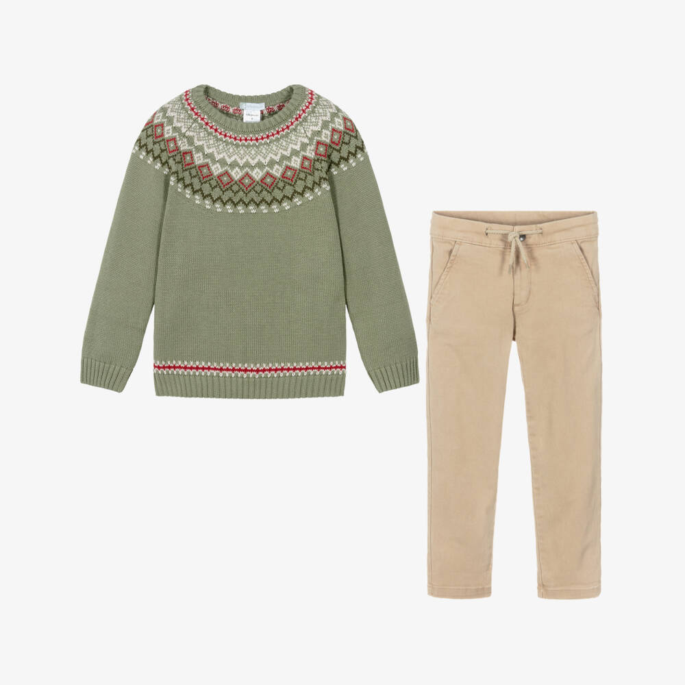 Tutto Piccolo-Beige And Green Trouser & Sweater Set | Childrensalon Outlet