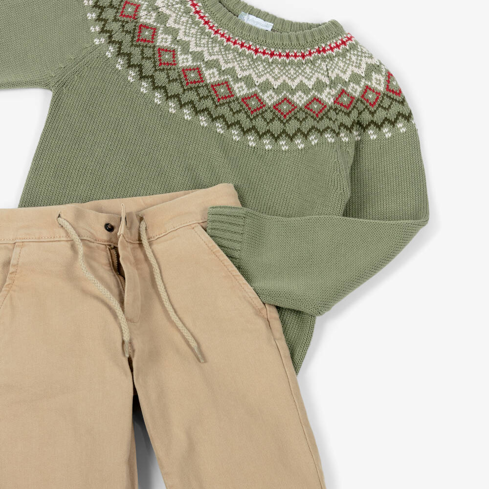 Tutto Piccolo-Beige And Green Trouser & Sweater Set | Childrensalon Outlet