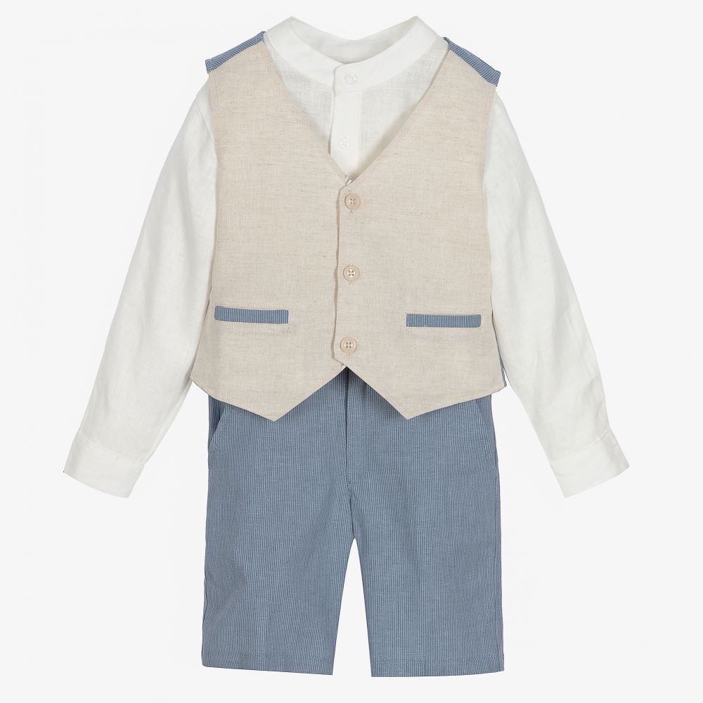 Tutto Piccolo - Beige & Blue Linen Shorts Set | Childrensalon