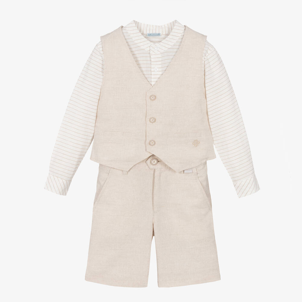 Tutto Piccolo - Ensemble short beige rayé en lin | Childrensalon