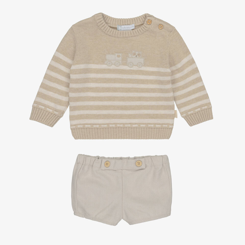 Tutto Piccolo-Beige Train Stripe Shorts Set | Childrensalon Outlet
