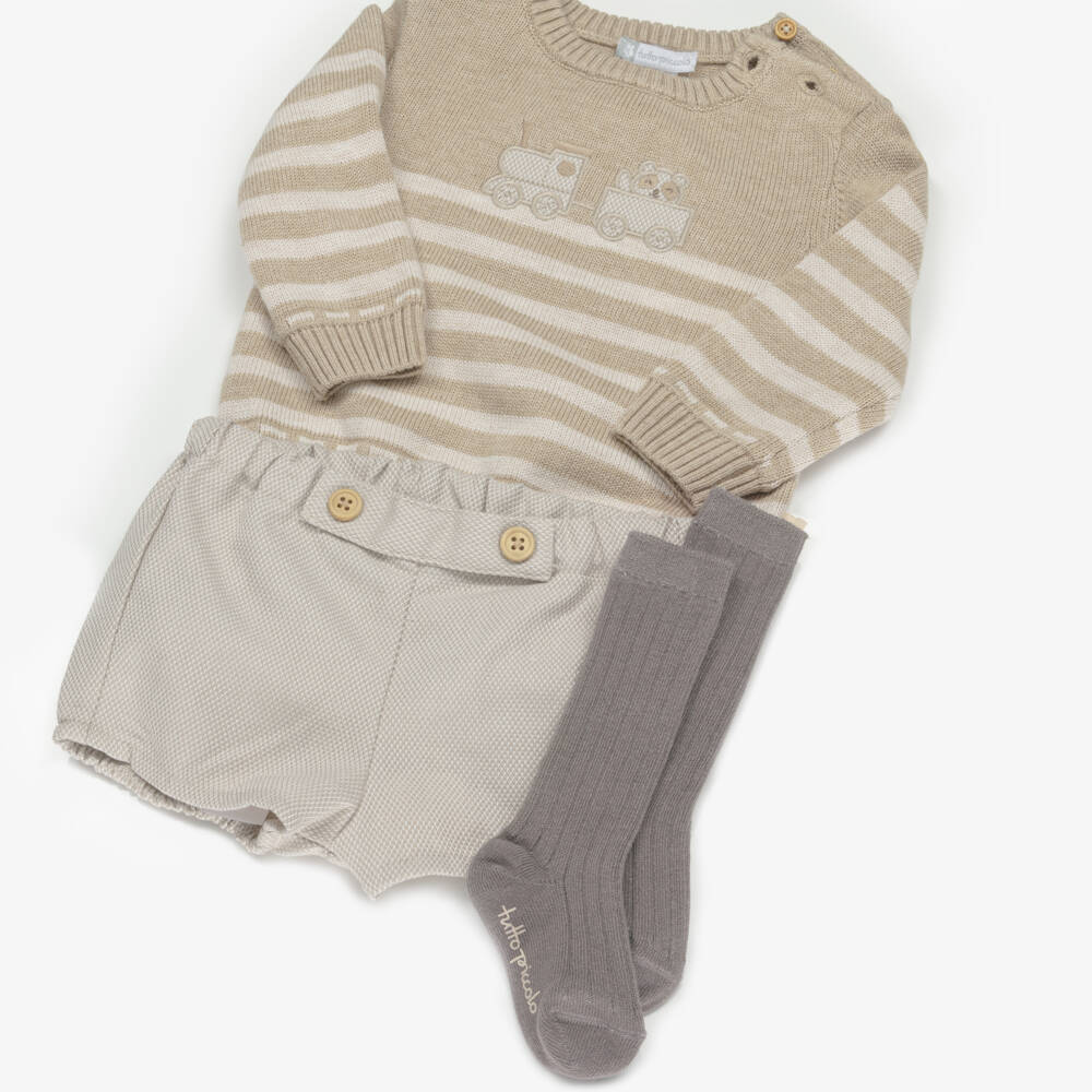Tutto Piccolo-Beige Train Stripe Shorts Set | Childrensalon Outlet