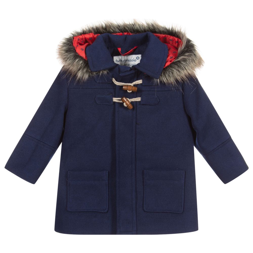 Duffle coat bleu avec finitions en fourrure