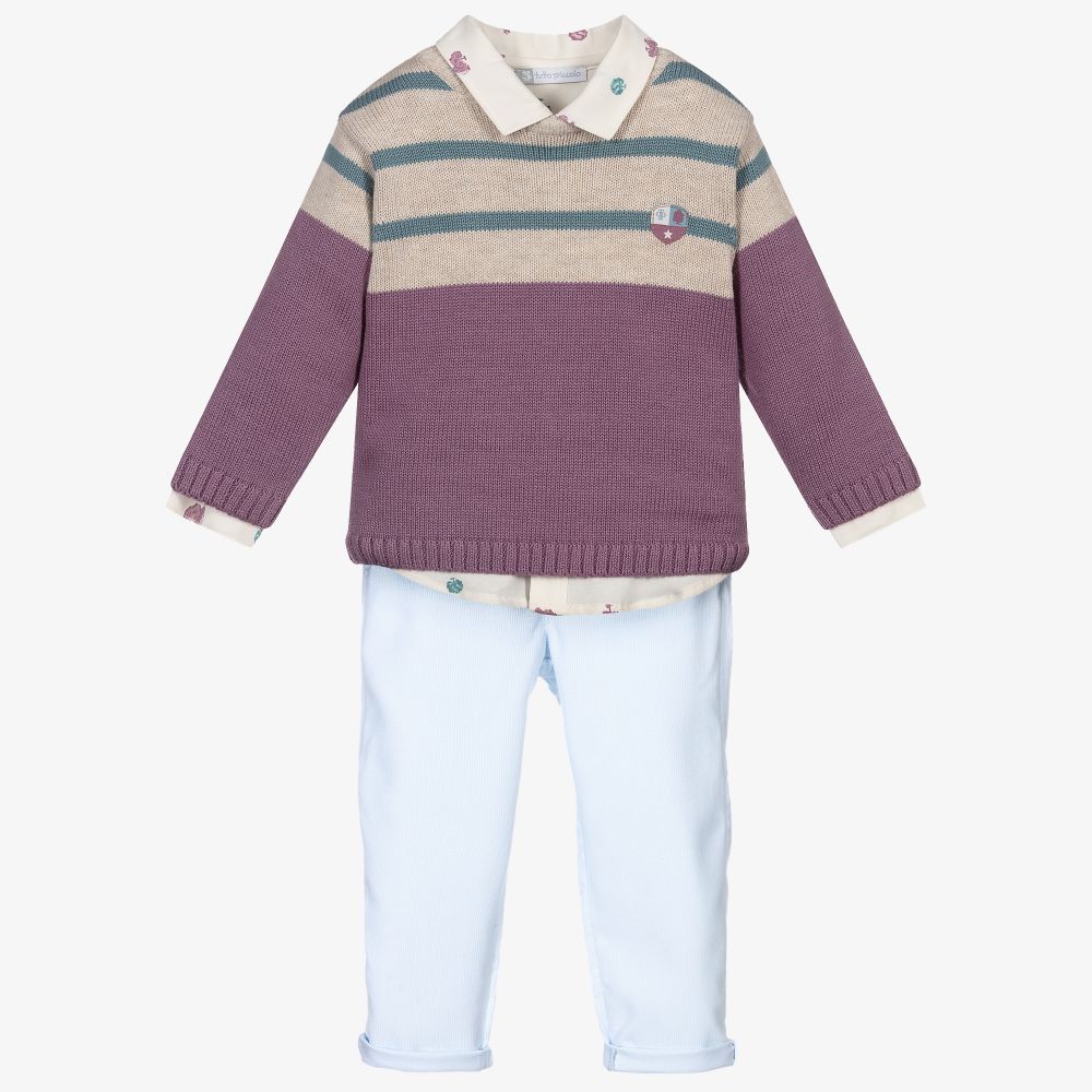 Tutto Piccolo-طقم بنطلون قطن لون أزرق وأرجواني للأولاد | Childrensalon Outlet