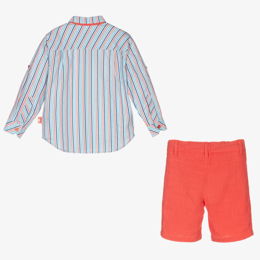 Tutto Piccolo-Голубая рубашка и красные шорты из хлопка | Childrensalon Outlet