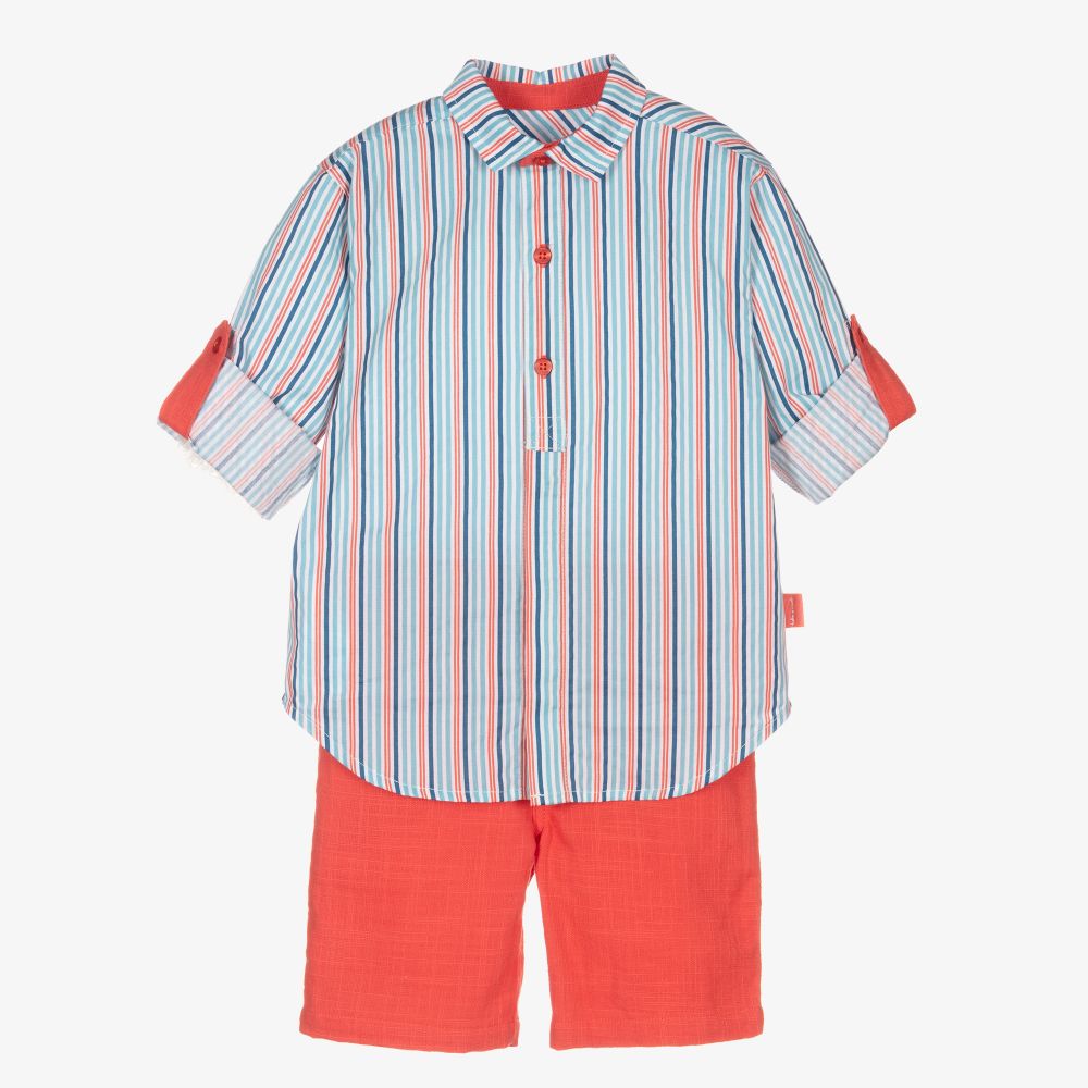 Tutto Piccolo-Голубая рубашка и красные шорты из хлопка | Childrensalon Outlet