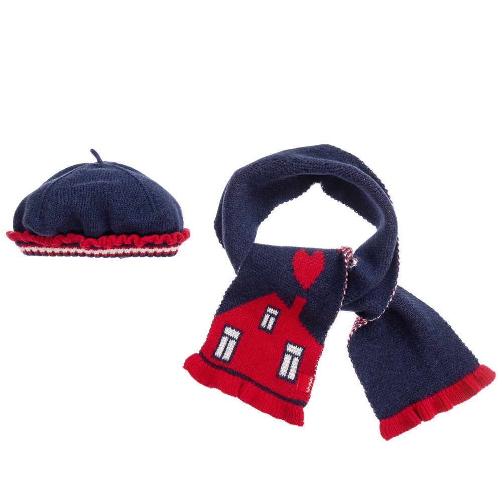 Tutto Piccolo - سكارف وقبعة مزيج قطن وصوف محبوك لون كحلي وأحمر | Childrensalon