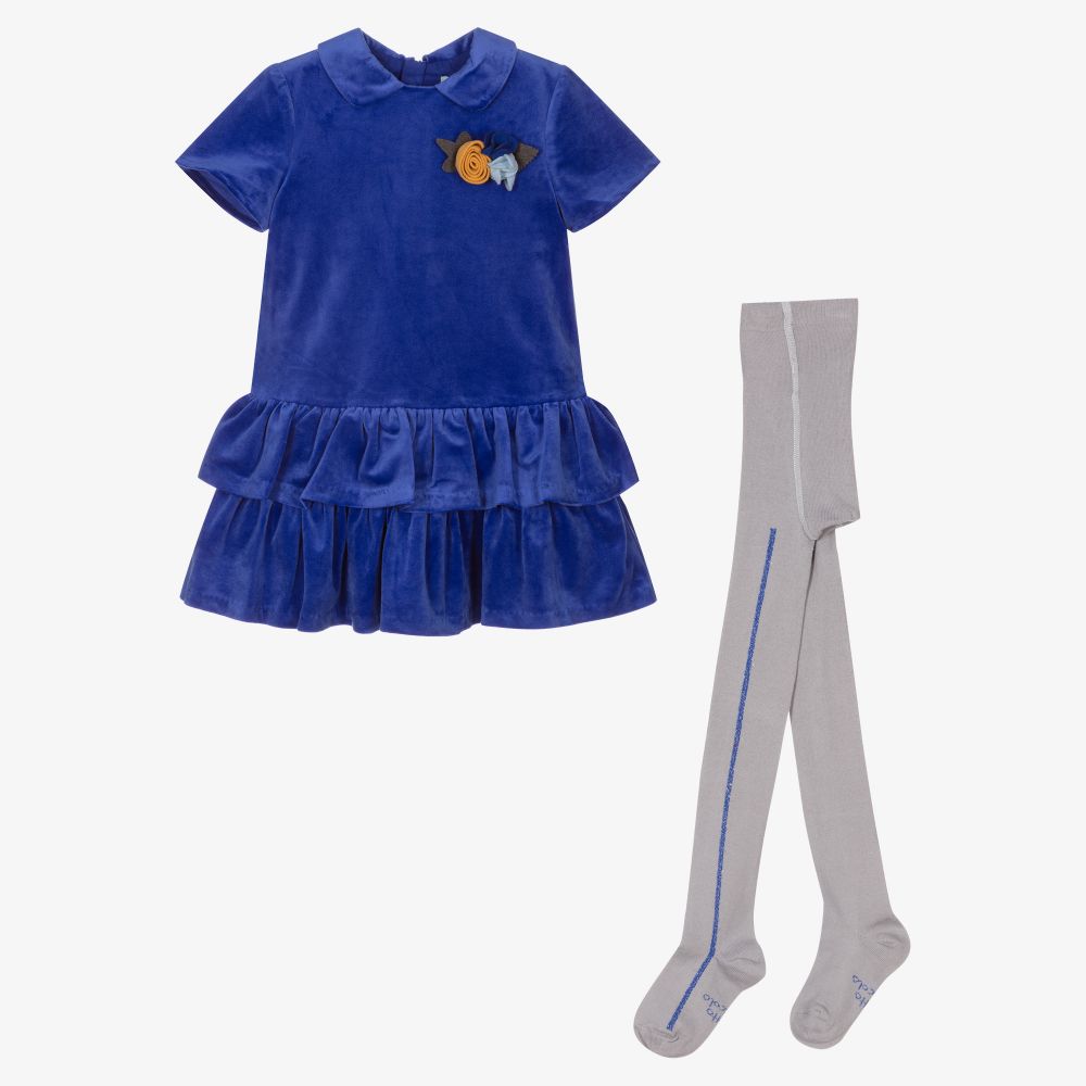 Tutto Piccolo-Blue Velvet Dress & Tights Set | Childrensalon Outlet