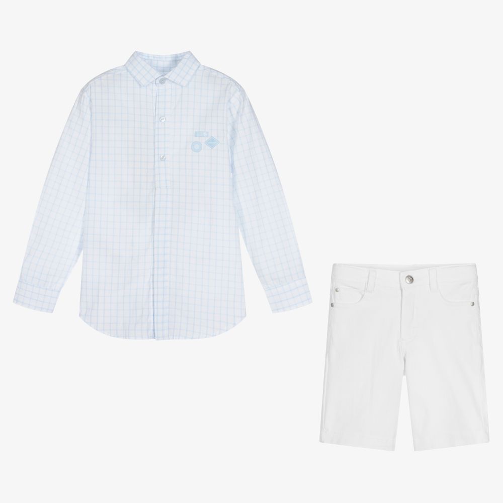 Tutto Piccolo-طقم شورت قطن لون أزرق وأبيض للأولاد | Childrensalon Outlet