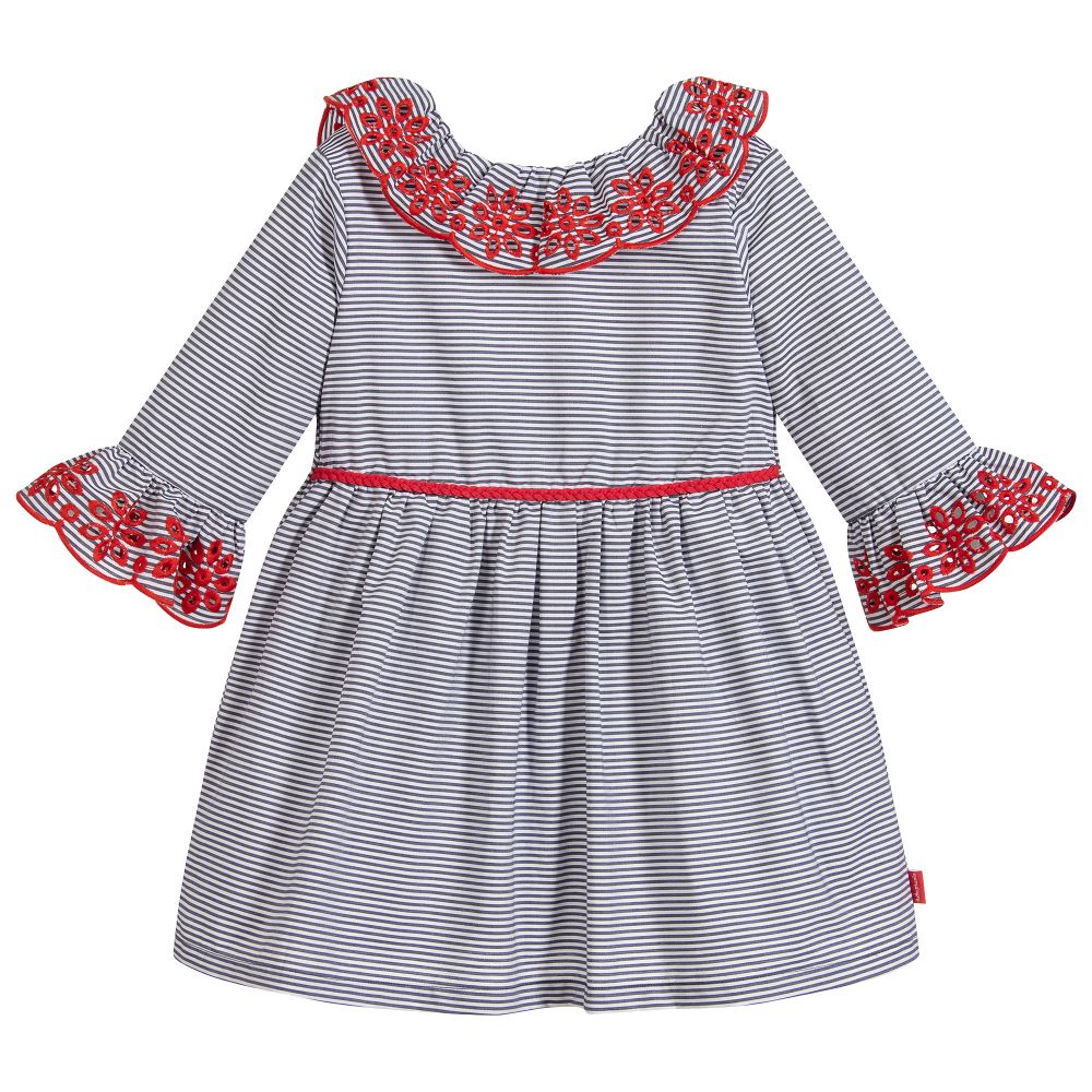 red blue and white striped dress