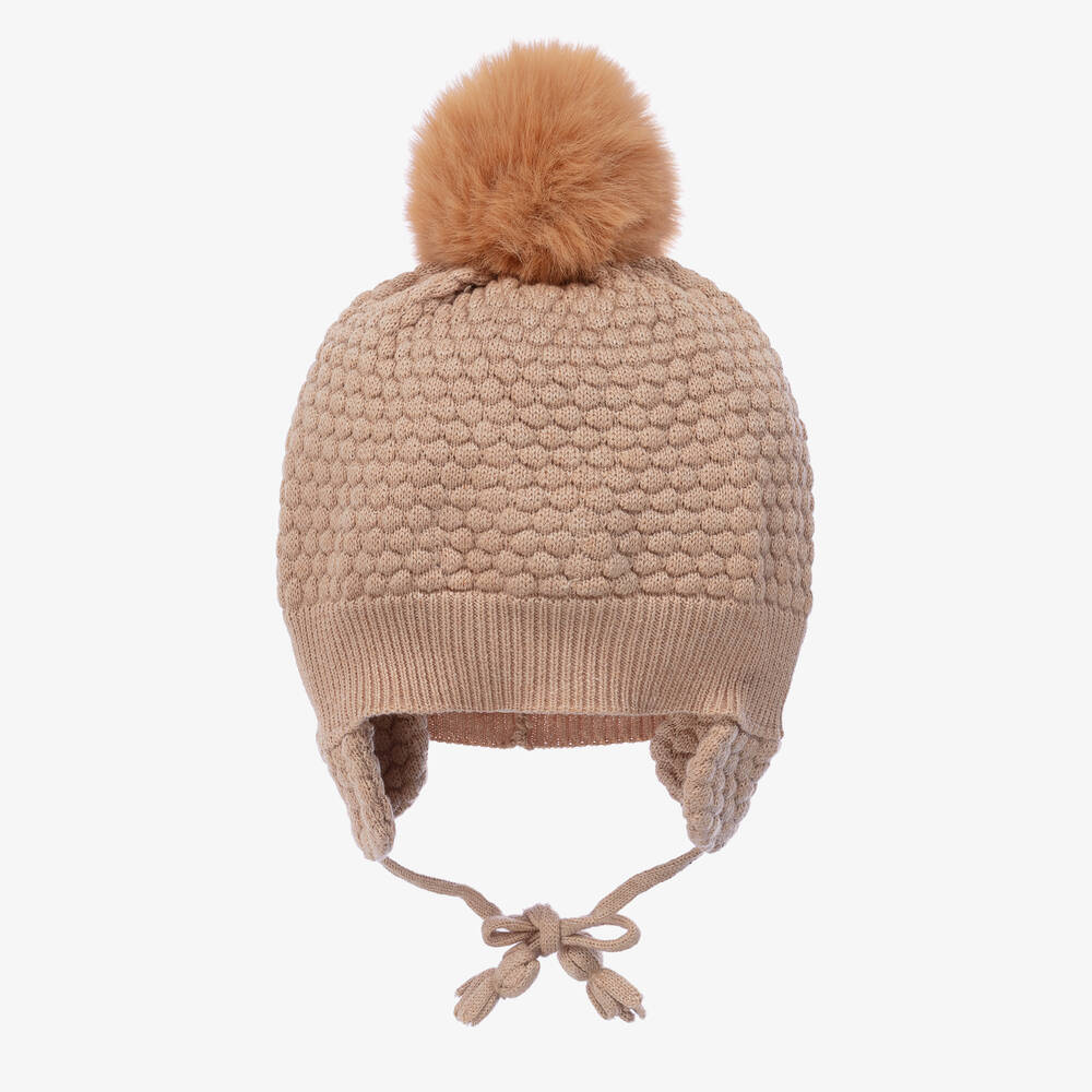 Tutto Piccolo - Boys Beige Cotton Knit Pom-Pom Hat | Childrensalon