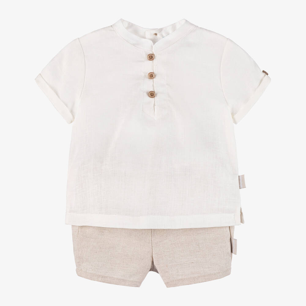 Tutto Piccolo-طقم شورت أطفال ولادي قطن وكتان لون بيج وعاجي | Childrensalon Outlet