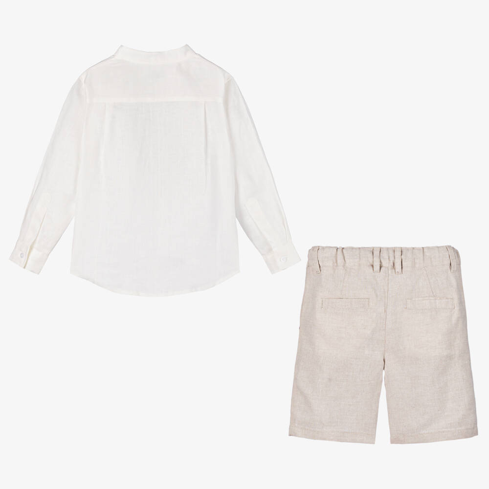Tutto Piccolo-طقم شورت قطن وكتان لون بيج وعاجي للأولاد | Childrensalon Outlet