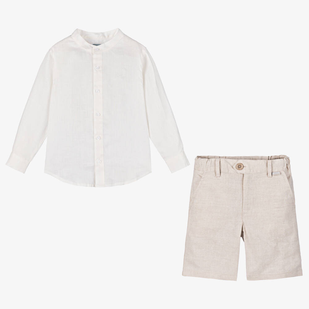 Tutto Piccolo-طقم شورت قطن وكتان لون بيج وعاجي للأولاد | Childrensalon Outlet