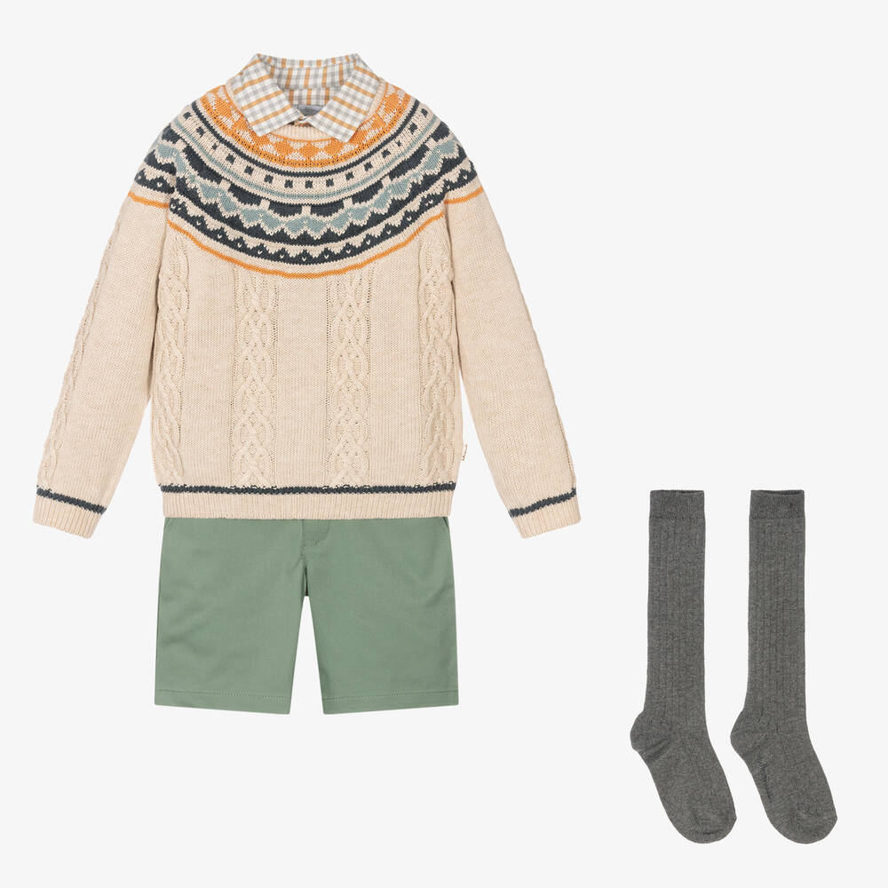 Tutto Piccolo - Бежево-зеленый комплект с шортами | Childrensalon